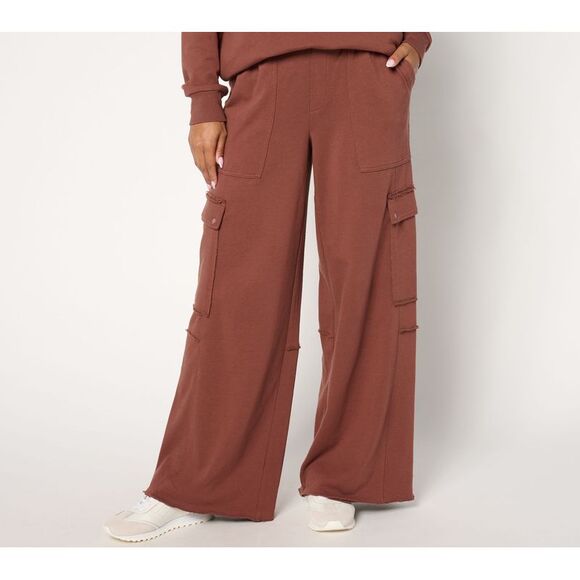 Peace Love World Women's Petite Pants PL Alina French Terry Cargo Brown A670662 - Picture 1 of 4